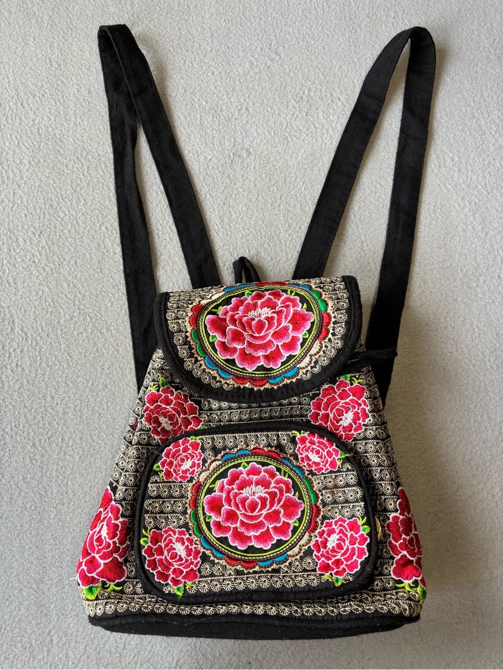 Embroidered Floral Black Backpack - Vibrant Pink Accent